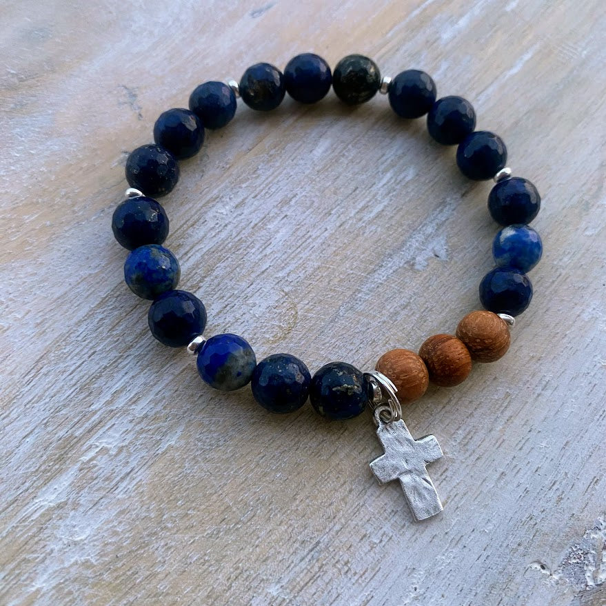 Silver Cross | Lapis Lazuli & Bayong Wood Diffuser Bracelet