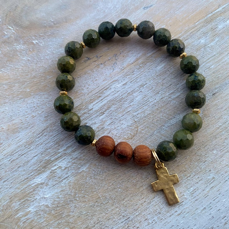 Gold Cross | Epidote Pyrite & Bayong Wood Diffuser Bracelet